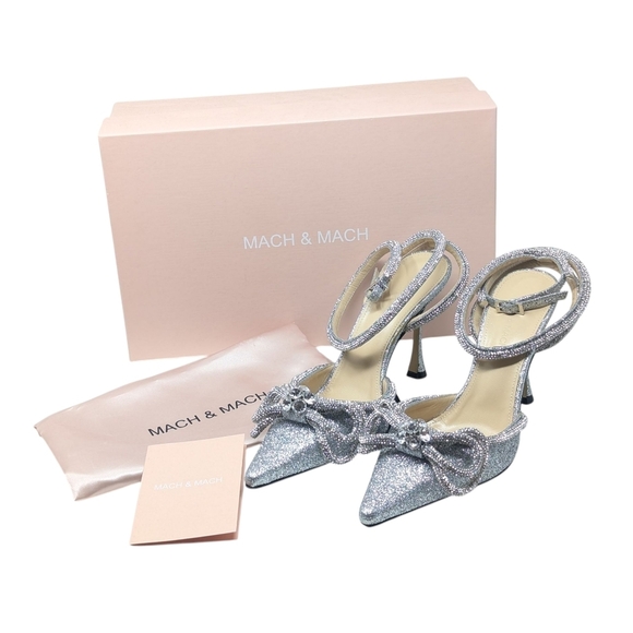 NIB MACH & MACH Double Bow Crystal Glittered Silver Pointed Toe Pump Size 38.5 - Picture 14 of 16